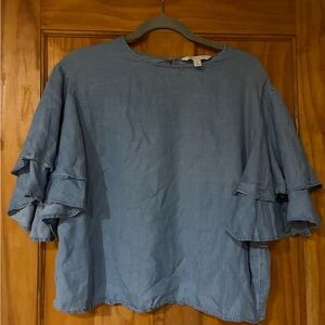 POPSUGAR Blue Ruffled 3/4 Sleeve Blouse